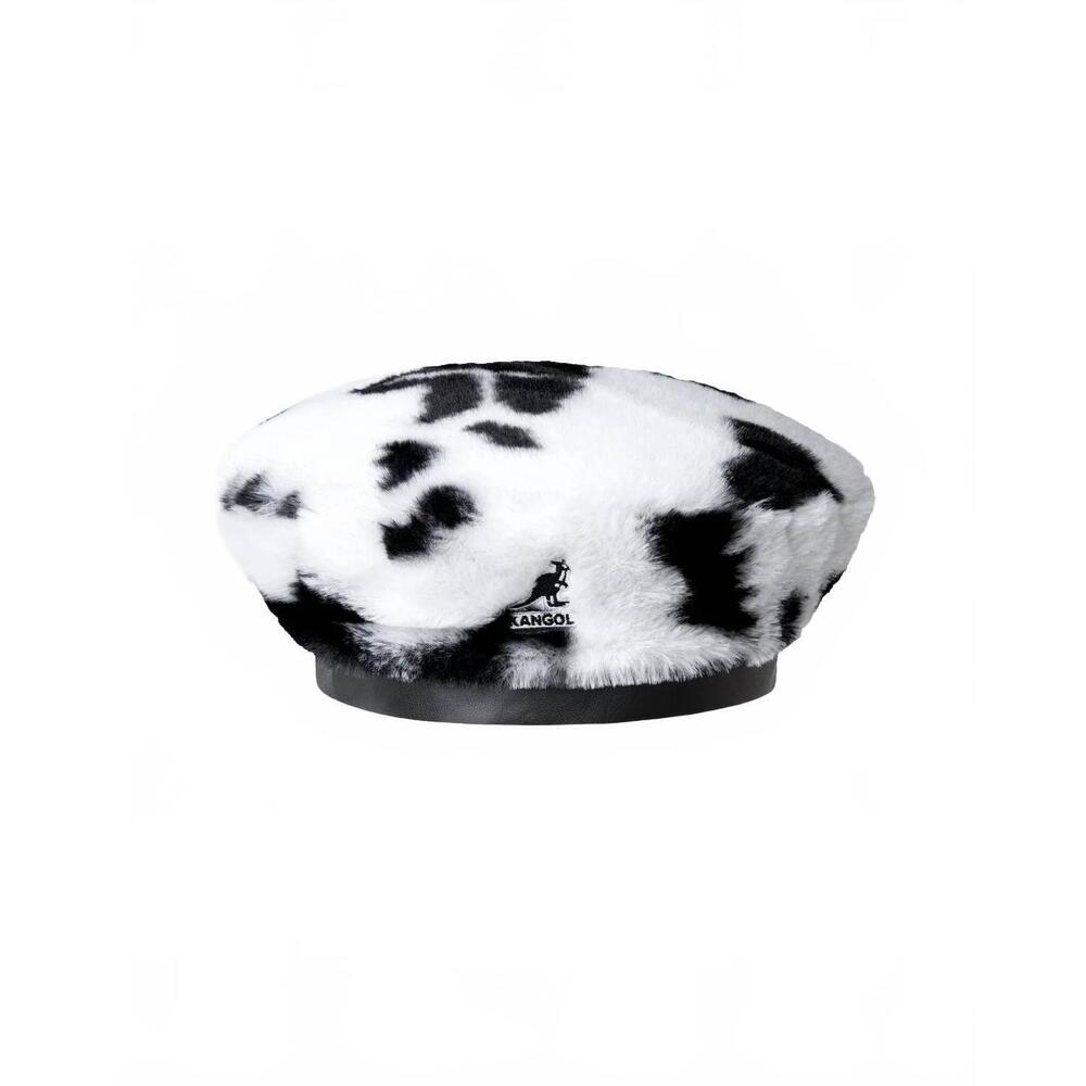 NEW KANGOL women's faux fur cow print beret in white/black